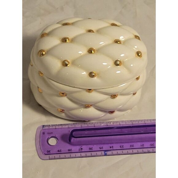 VTG HOLLAND MOLD HANDMADE WHITE DIAMOND & GOLD CUSHION STYLE TRINKET BOX & LID - Picture 7 of 10